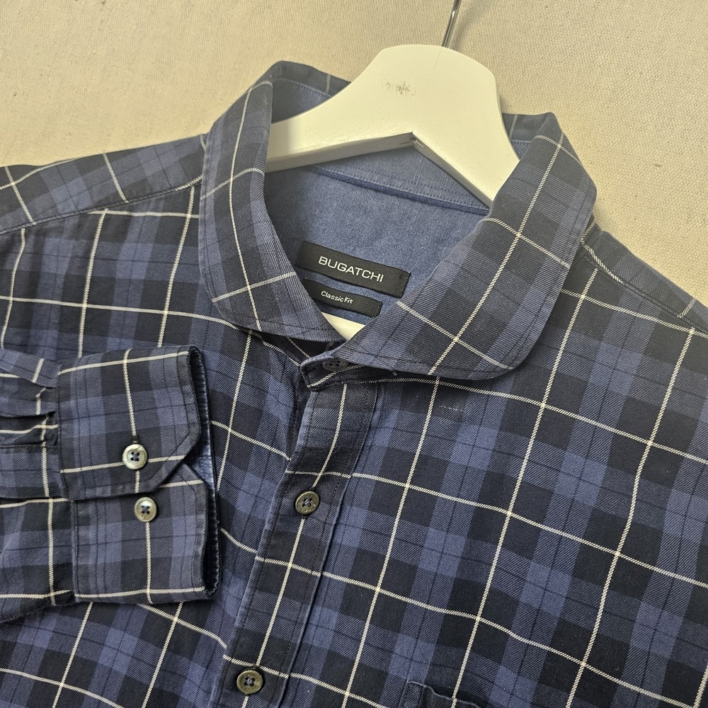 Bugatchi Men's XXL Blue Plaid Classic Casual Preppy Office Flip Cuff Button Up